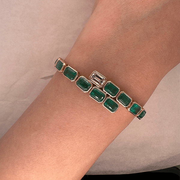 Luxury Jewelry Emerald Cut Emerald & White Sapphire Link Tennis Bracelet For Women