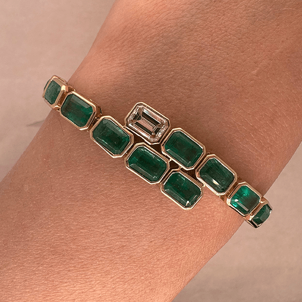 Luxury Jewelry Emerald Cut Emerald & White Sapphire Link Tennis Bracelet For Women