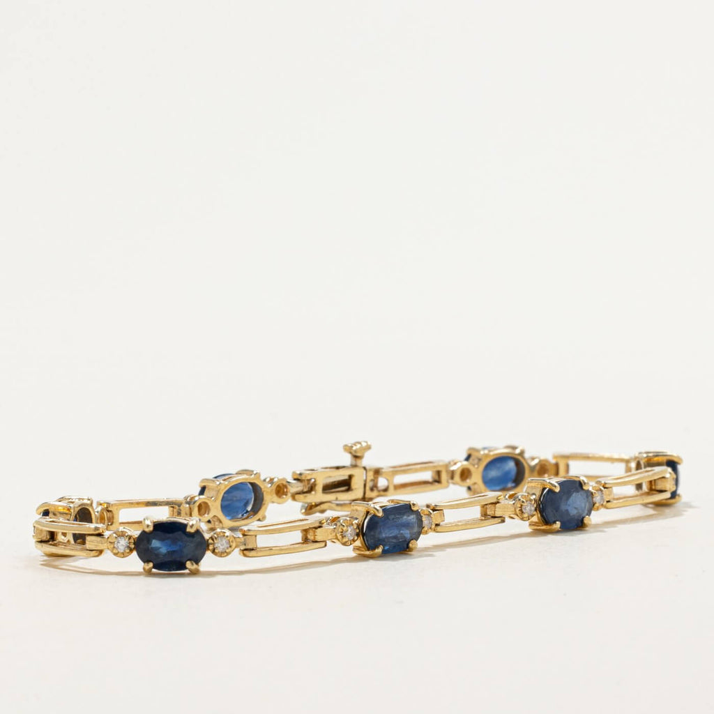 Vintage Yellow Gold Oval Cut Blue & White Sapphire Tennis Bracelet For Women