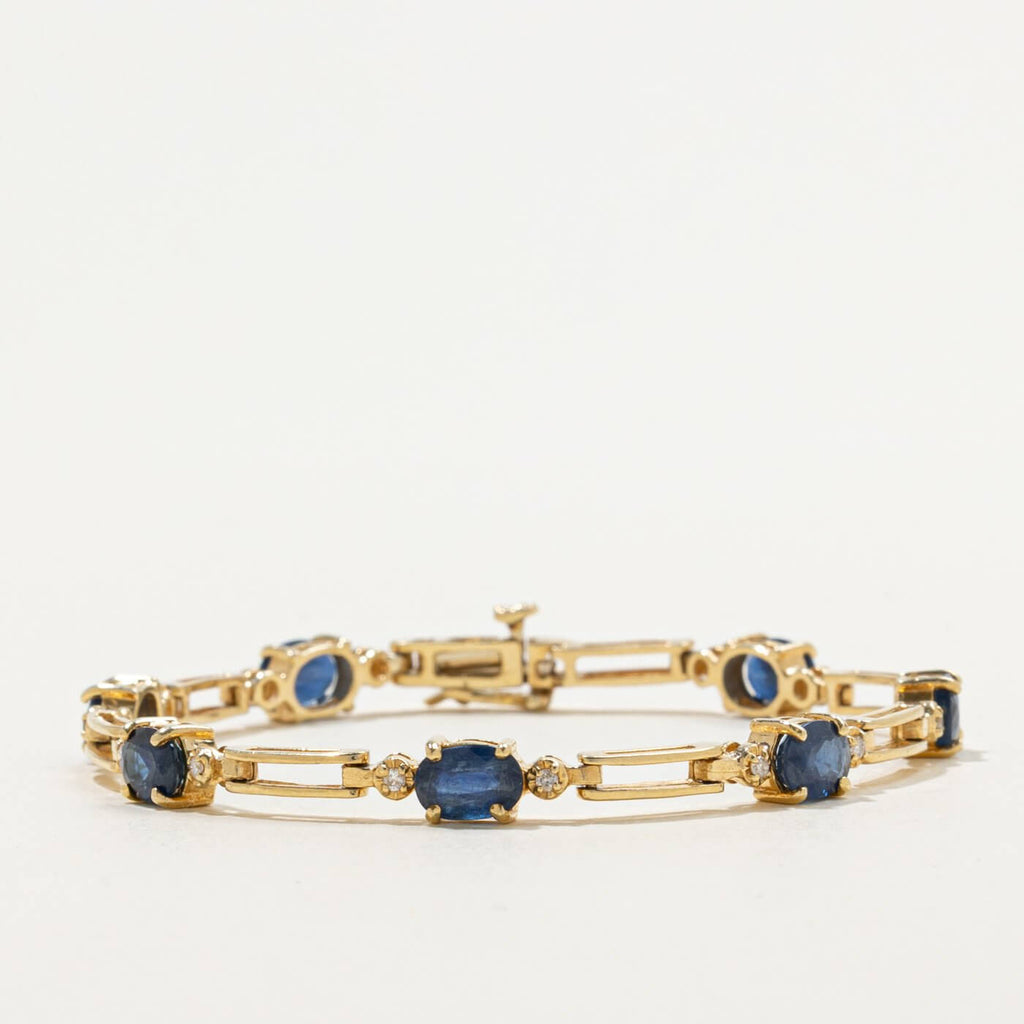 Vintage Yellow Gold Oval Cut Blue & White Sapphire Tennis Bracelet For Women