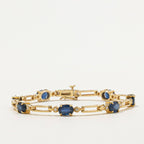 Vintage Yellow Gold Oval Cut Blue & White Sapphire Tennis Bracelet For Women
