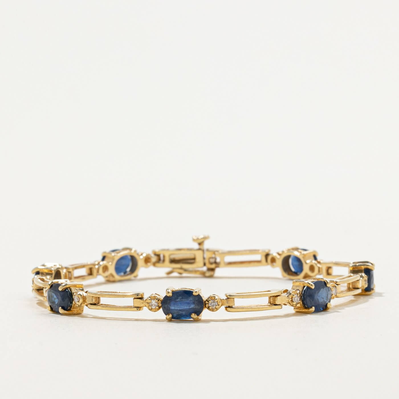 Vintage Yellow Gold Oval Cut Blue & White Sapphire Tennis Bracelet For Women