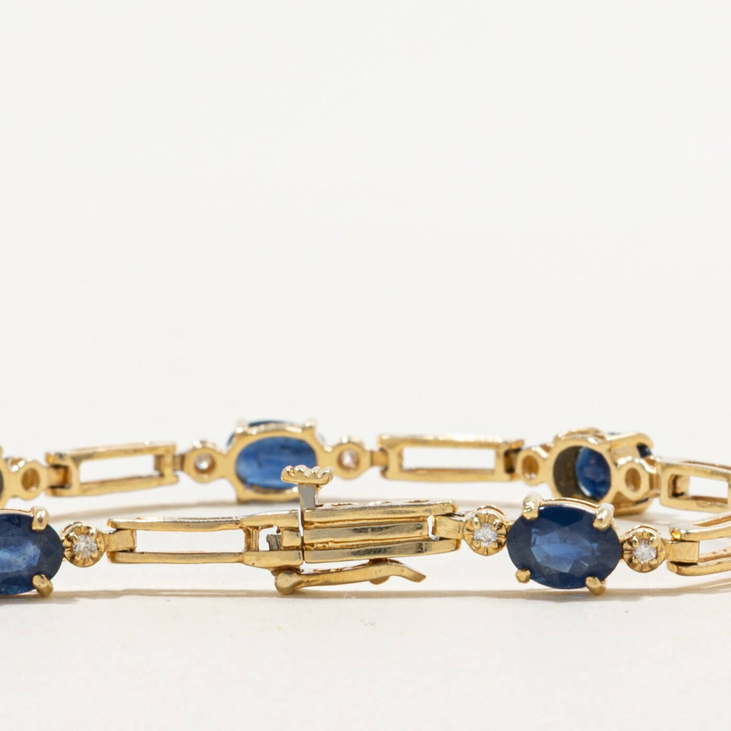 Vintage Yellow Gold Oval Cut Blue & White Sapphire Tennis Bracelet For Women