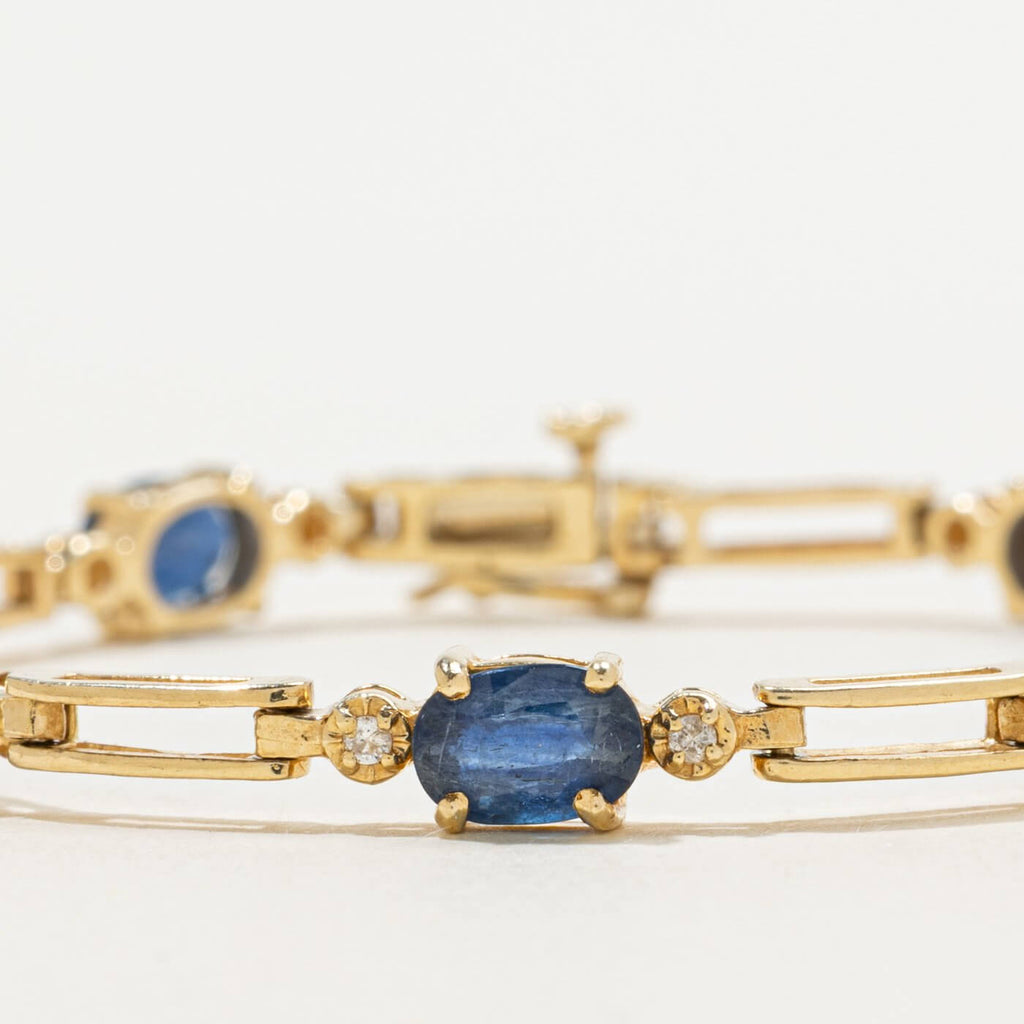 Vintage Yellow Gold Oval Cut Blue & White Sapphire Tennis Bracelet For Women