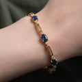 Vintage Yellow Gold Oval Cut Blue & White Sapphire Tennis Bracelet For Women