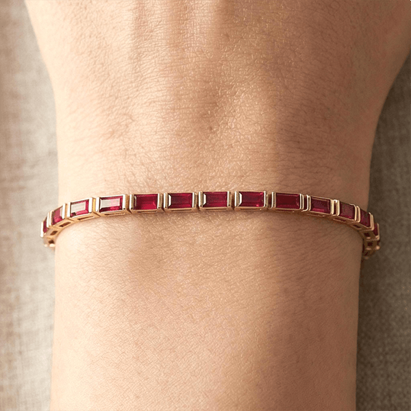 Classic Yellow Gold Baguette Cut Ruby Sapphire Tennis Bracelet For Women