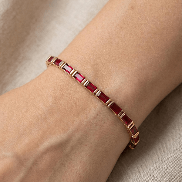 Classic Yellow Gold Baguette Cut Ruby Sapphire Tennis Bracelet For Women