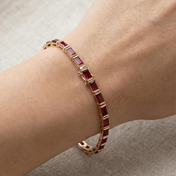 Classic Yellow Gold Baguette Cut Ruby Sapphire Tennis Bracelet For Women