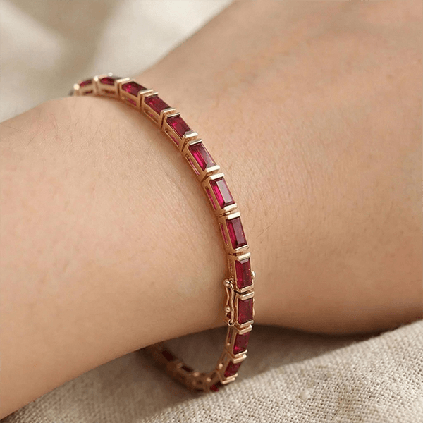 Classic Yellow Gold Baguette Cut Ruby Sapphire Tennis Bracelet For Women