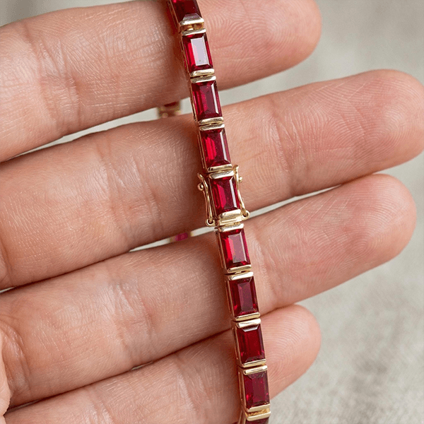 Classic Yellow Gold Baguette Cut Ruby Sapphire Tennis Bracelet For Women