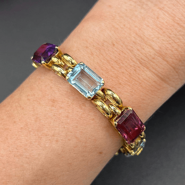 Vintage Yellow Gold Emerald Cut Multi Color Sapphire Tennis Bracelet For Women
