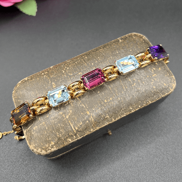 Vintage Yellow Gold Emerald Cut Multi Color Sapphire Tennis Bracelet For Women