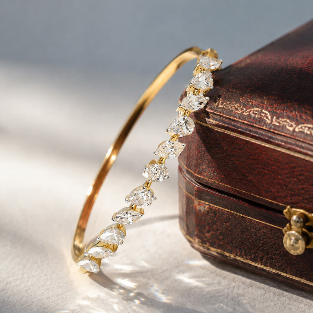 Classic Yellow Gold Oval & Pear & Marquise Cut White Sapphire Bangle Bracelet For Women