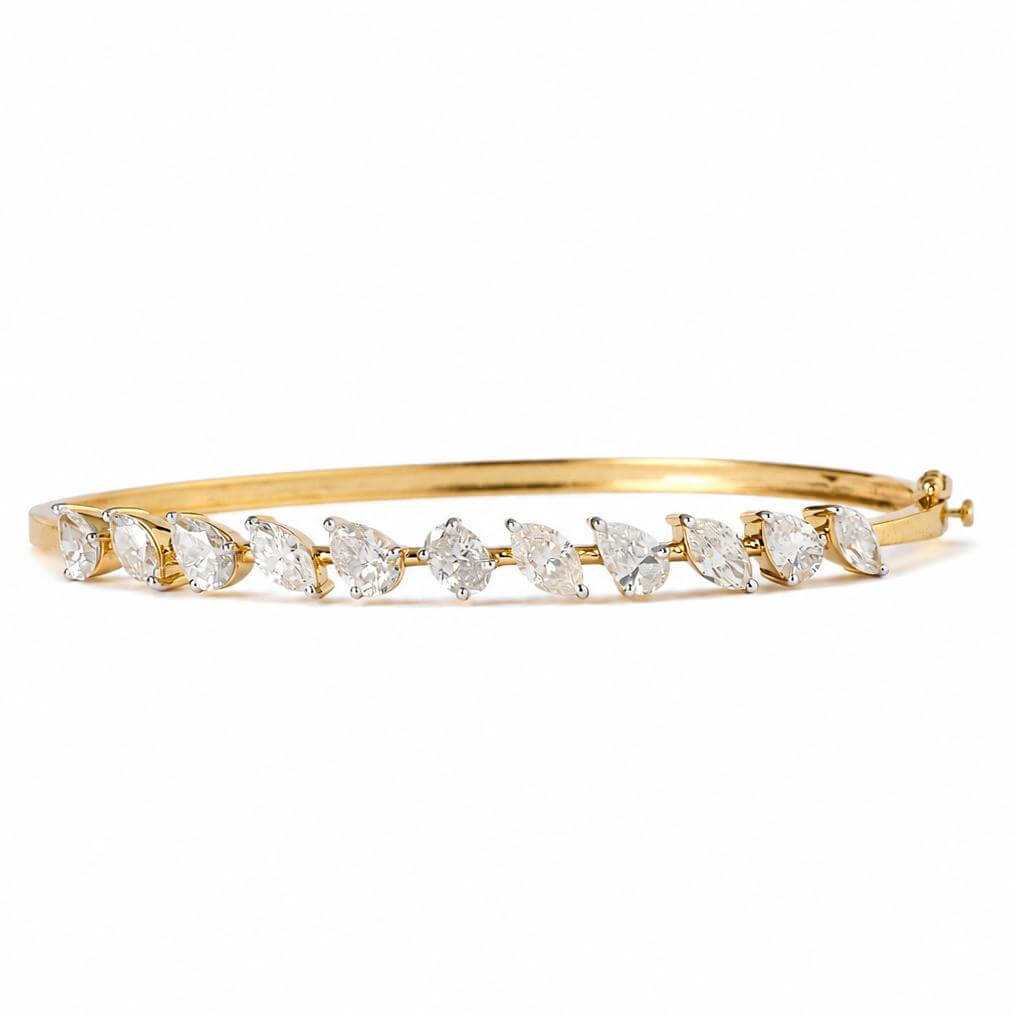 Classic Yellow Gold Oval & Pear & Marquise Cut White Sapphire Bangle Bracelet For Women