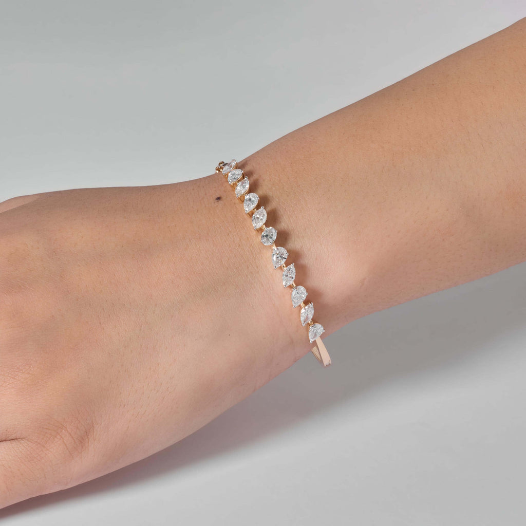 Classic Yellow Gold Oval & Pear & Marquise Cut White Sapphire Bangle Bracelet For Women