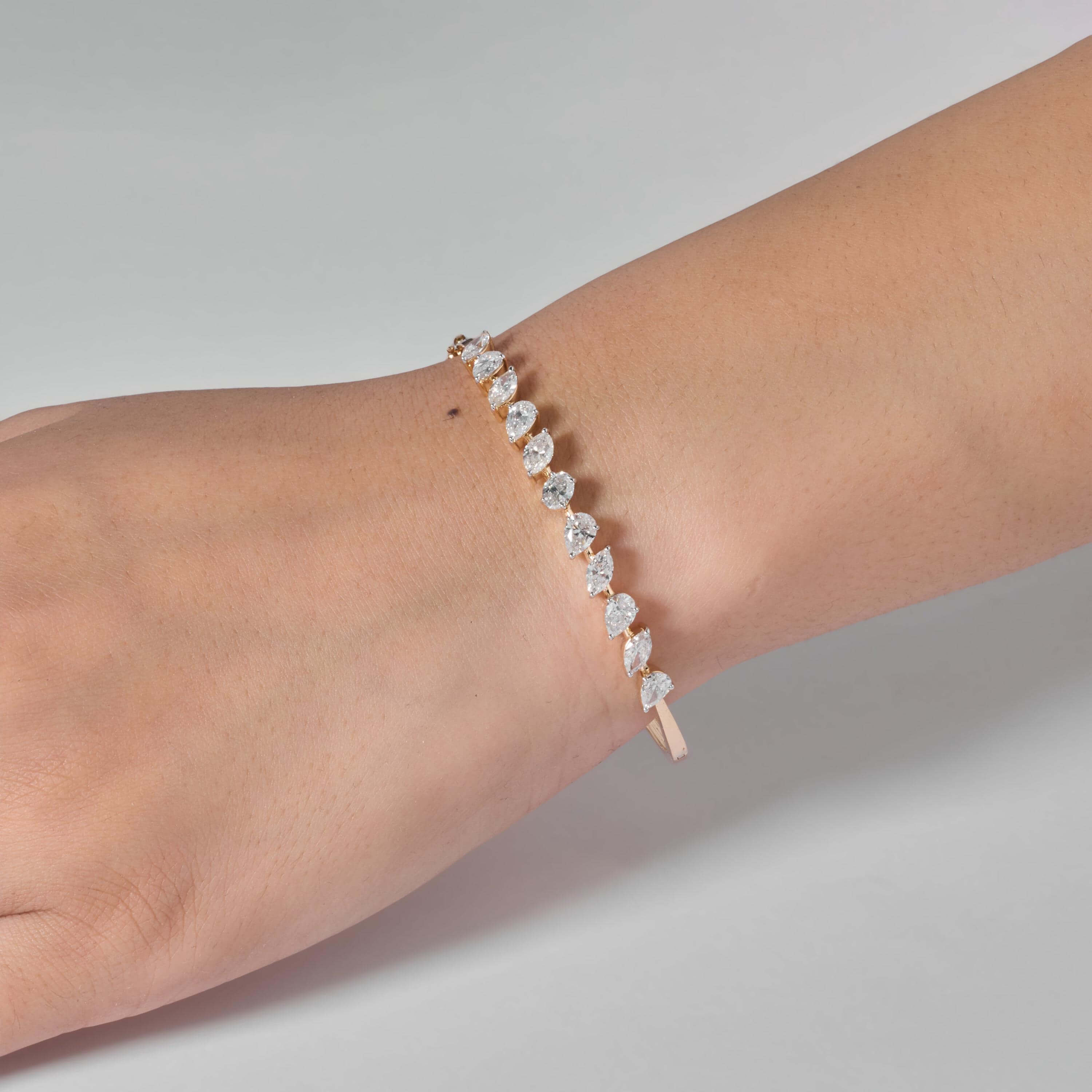 Classic Yellow Gold Oval & Pear & Marquise Cut White Sapphire Bangle Bracelet For Women
