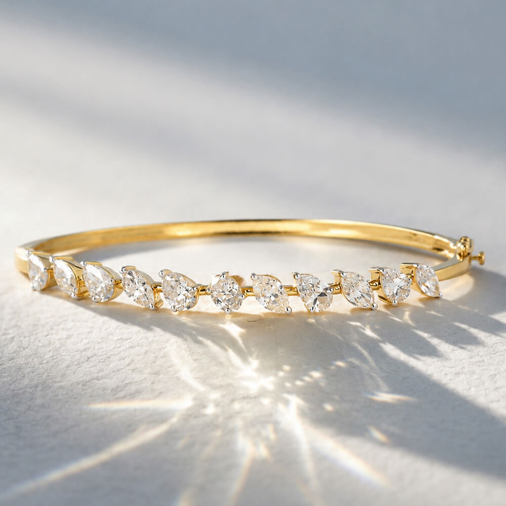 Classic Yellow Gold Oval & Pear & Marquise Cut White Sapphire Bangle Bracelet For Women