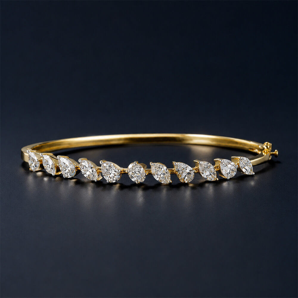 Classic Yellow Gold Oval & Pear & Marquise Cut White Sapphire Bangle Bracelet For Women