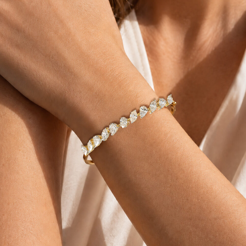 Classic Yellow Gold Oval & Pear & Marquise Cut White Sapphire Bangle Bracelet For Women