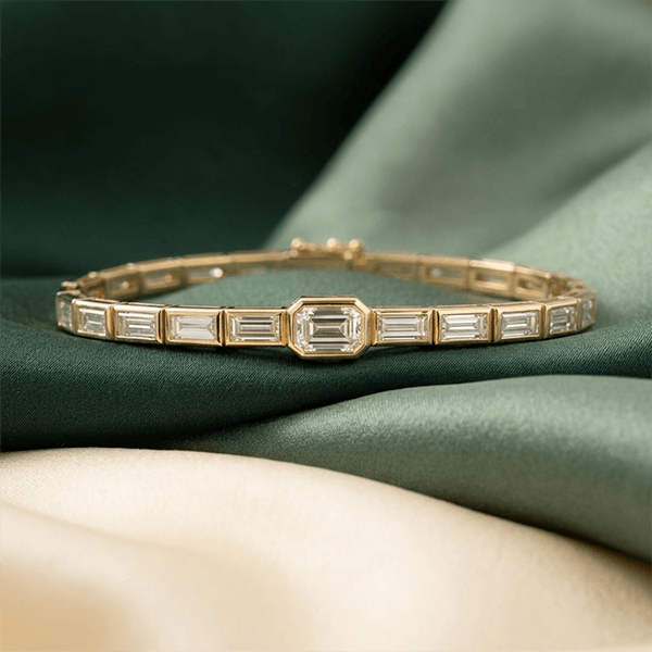 Classic Yellow Gold Emerald Cut White Sapphire Tennis Bracelet For Women