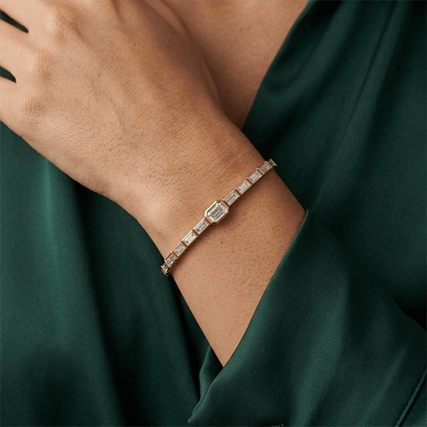 Classic Yellow Gold Emerald Cut White Sapphire Tennis Bracelet For Women