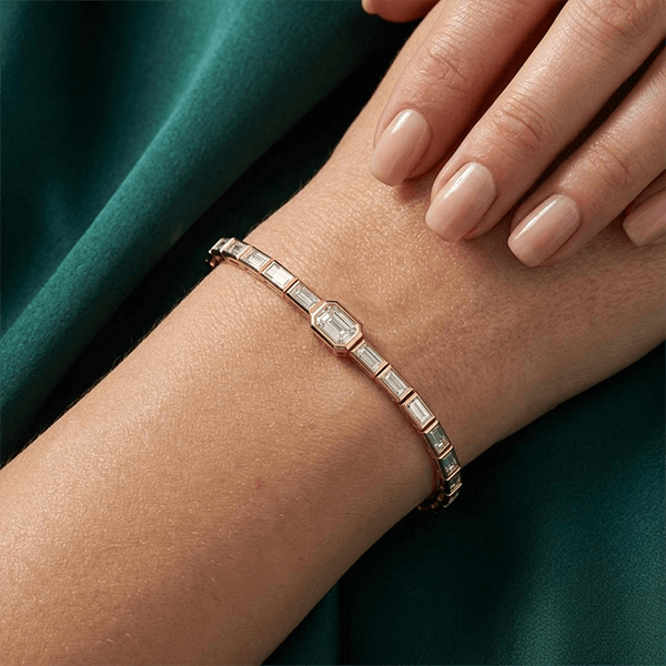 Classic Yellow Gold Emerald Cut White Sapphire Tennis Bracelet For Women