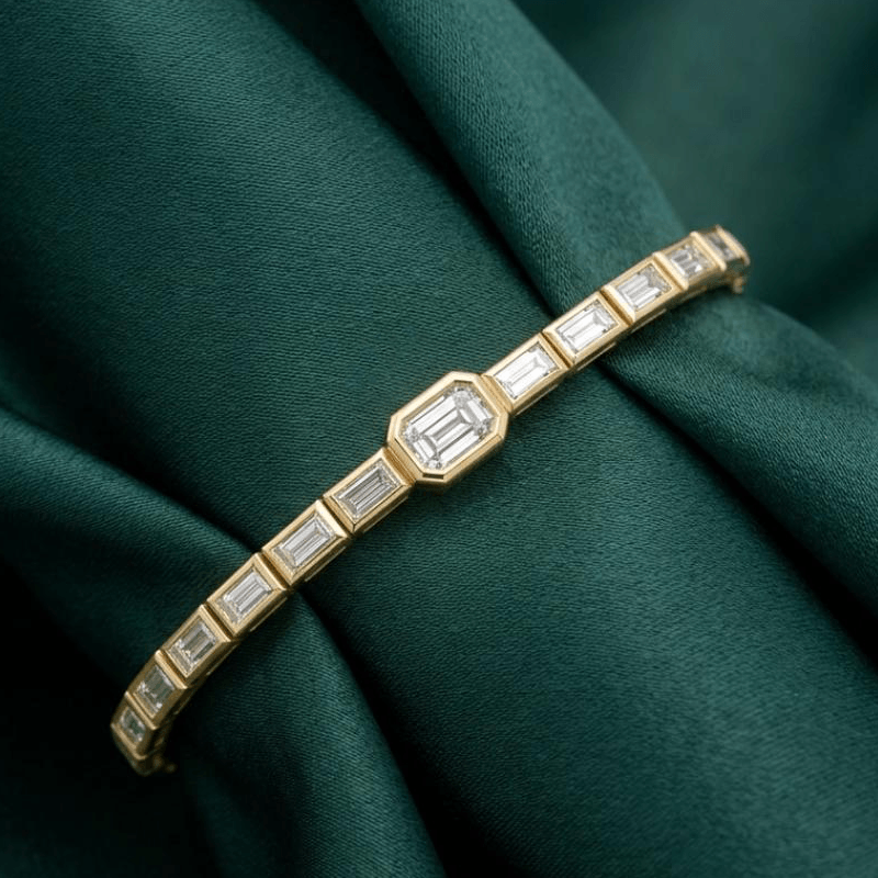 Classic Yellow Gold Emerald Cut White Sapphire Tennis Bracelet For Women