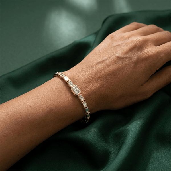 Classic Yellow Gold Emerald Cut White Sapphire Tennis Bracelet For Women