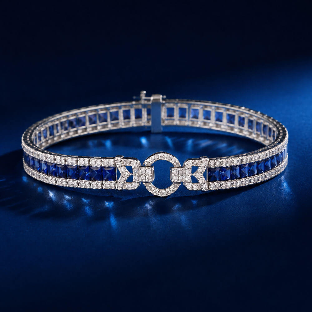 Vintage Unique Design Princess Cut White & Blue Sapphire Bracelet For Women