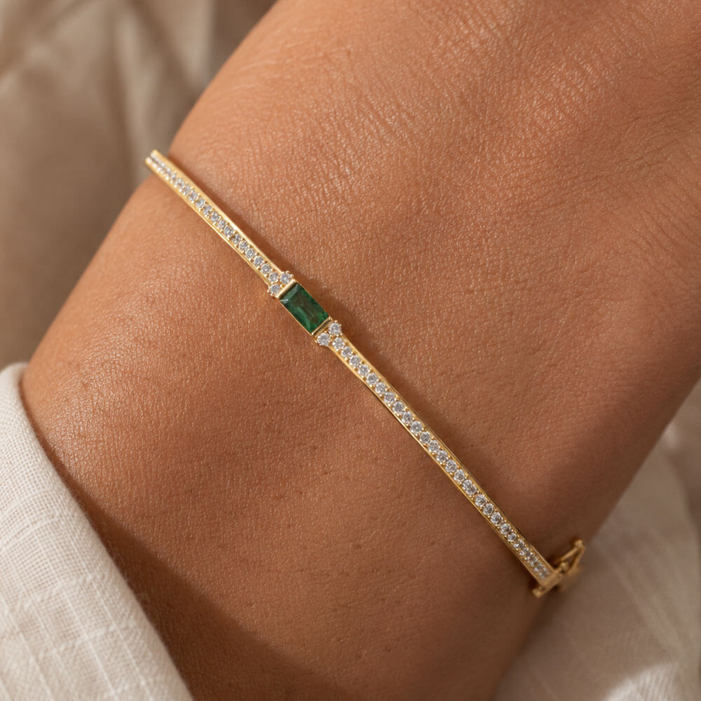 Classic Yellow Gold Baguette Cut Emerald Sapphire Bangle Bracelet For Women