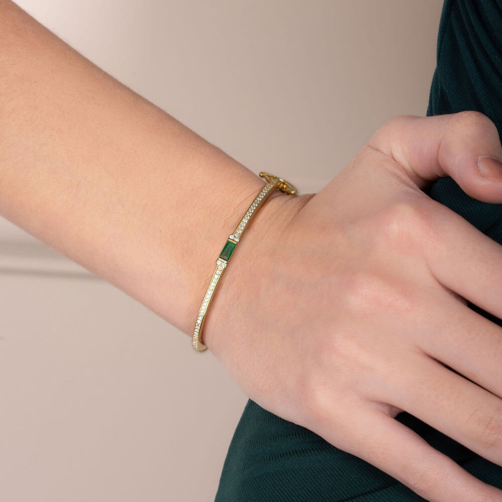 Classic Yellow Gold Baguette Cut Emerald Sapphire Bangle Bracelet For Women