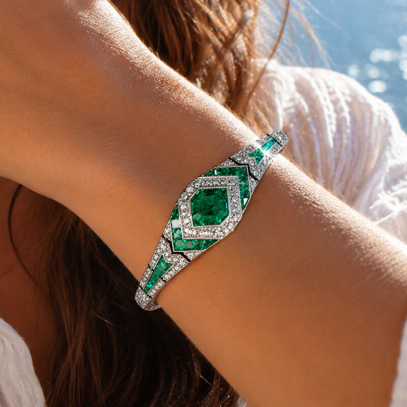 Luxury Jewelry Vintage Halo Asscher Cut Emerald Sapphire  Bracelet For Women