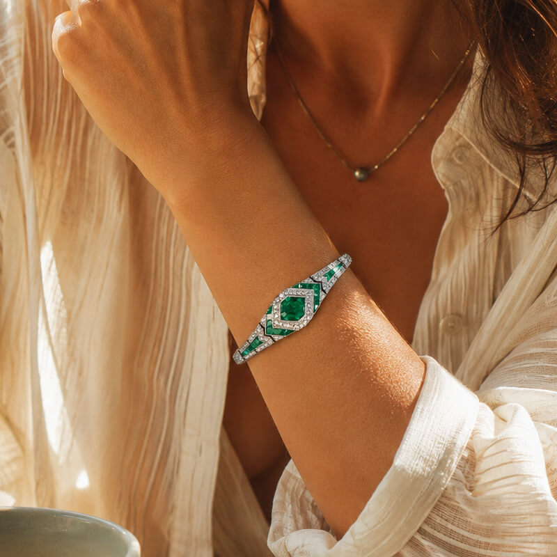 Luxury Jewelry Vintage Halo Asscher Cut Emerald Sapphire  Bracelet For Women