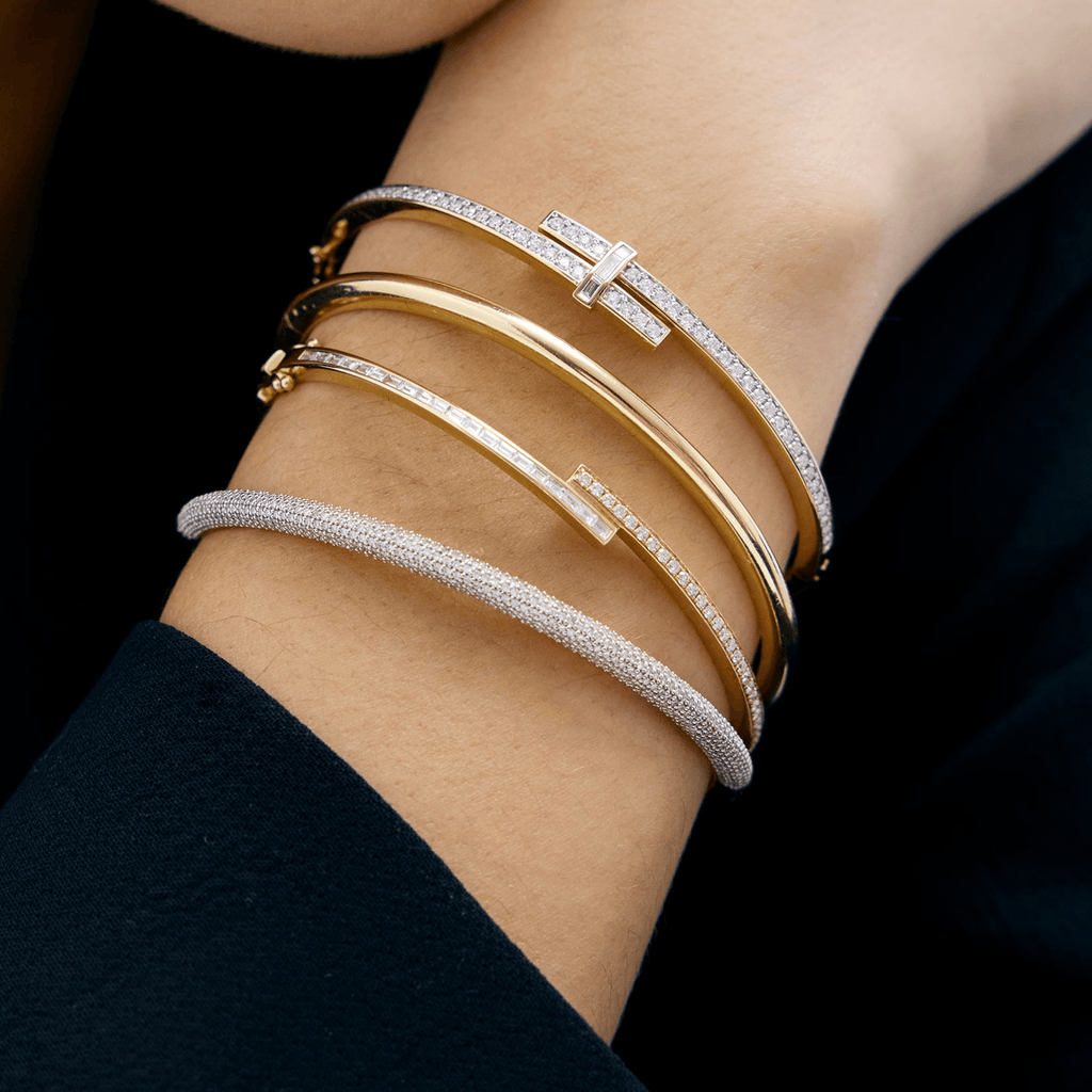 Unique Design Yellow Gold Channel Setting Round Cut White Sapphire Wrap Bangle Bracelet For Women