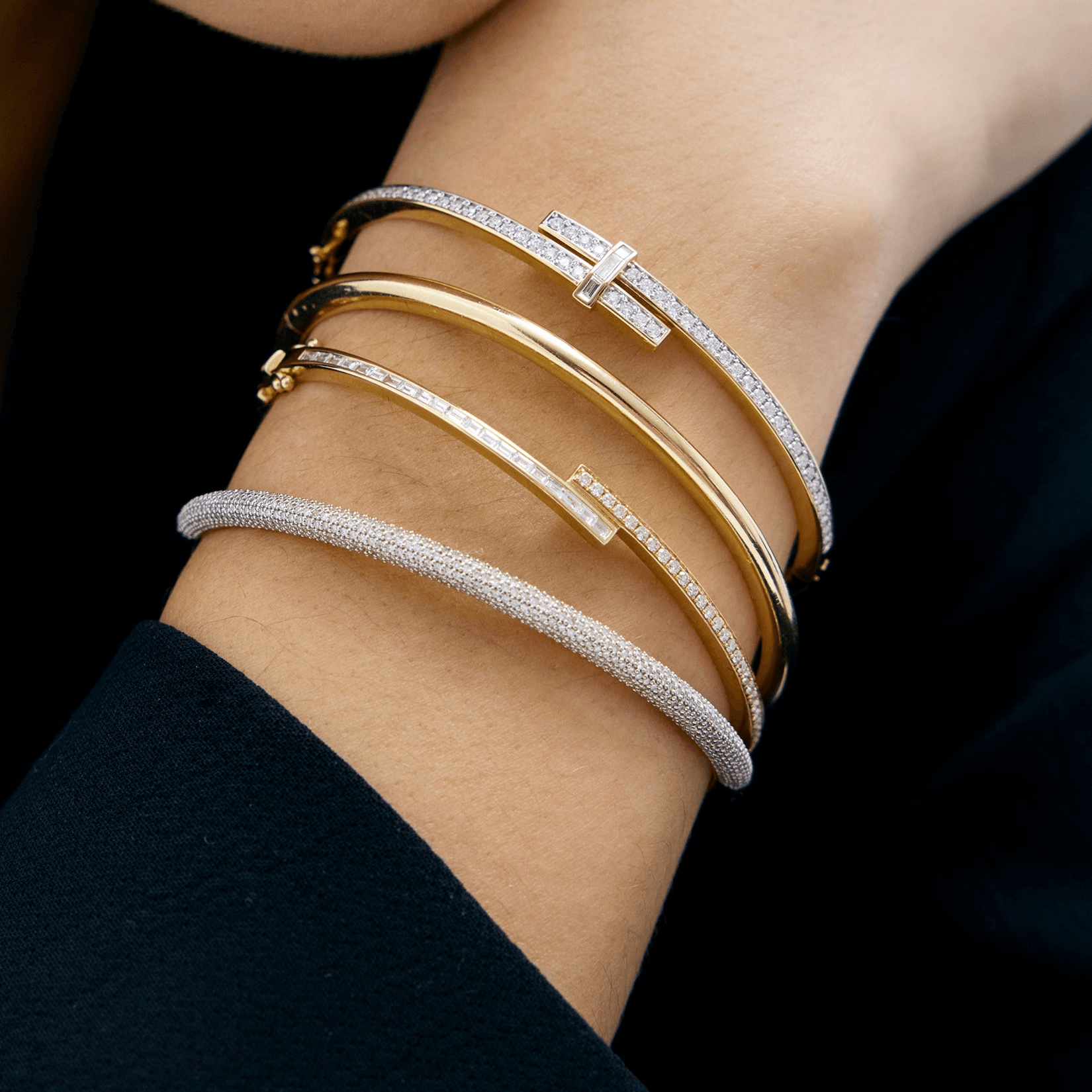 Unique Design Yellow Gold Channel Setting Round Cut White Sapphire Wrap Bangle Bracelet For Women