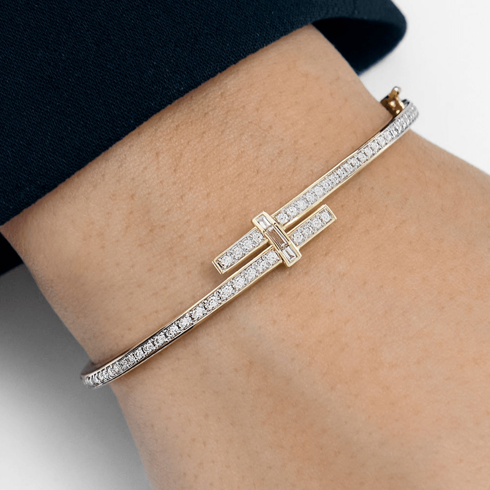 Unique Design Yellow Gold Channel Setting Round Cut White Sapphire Wrap Bangle Bracelet For Women