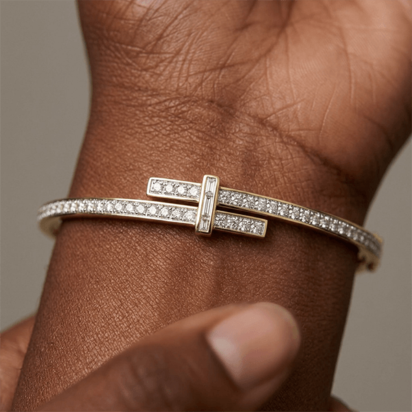Unique Design Yellow Gold Channel Setting Round Cut White Sapphire Wrap Bangle Bracelet For Women