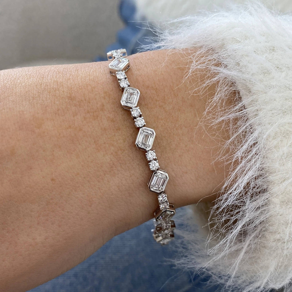 Bezel Emerald Cut White Sapphire Tennis Bracelet For Women