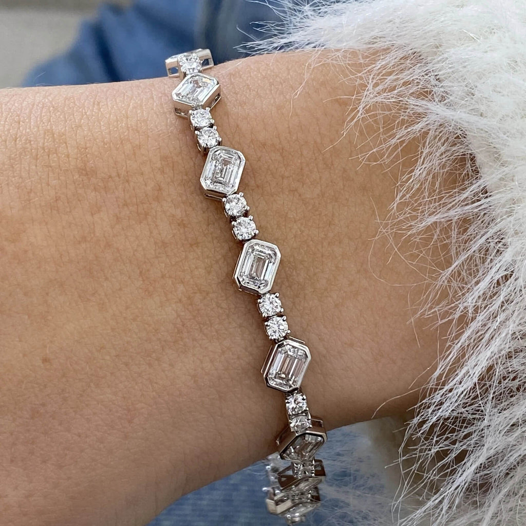 Bezel Emerald Cut White Sapphire Tennis Bracelet For Women