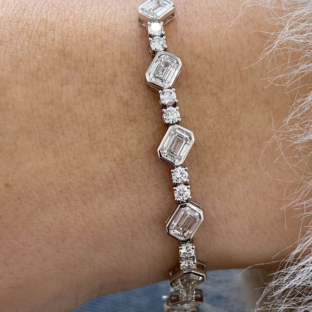 Bezel Emerald Cut White Sapphire Tennis Bracelet For Women