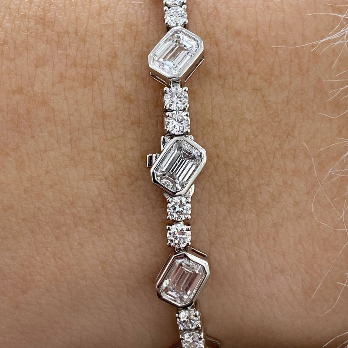 Bezel Emerald Cut White Sapphire Tennis Bracelet For Women