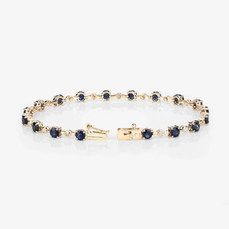 Classic Yellow Gold Round Cut Blue & White Sapphire Link Tennis Bracelet For Women