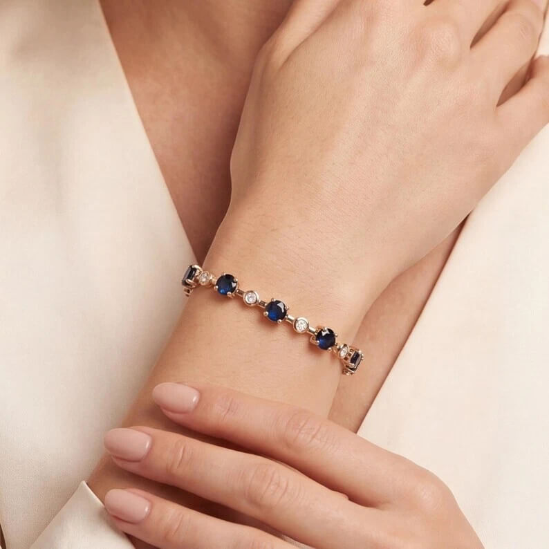 Classic Yellow Gold Round Cut Blue & White Sapphire Link Tennis Bracelet For Women