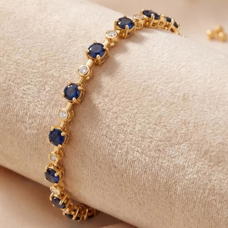 Classic Yellow Gold Round Cut Blue & White Sapphire Link Tennis Bracelet For Women