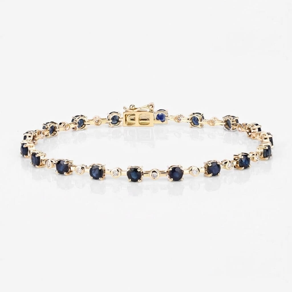 Classic Yellow Gold Round Cut Blue & White Sapphire Link Tennis Bracelet For Women