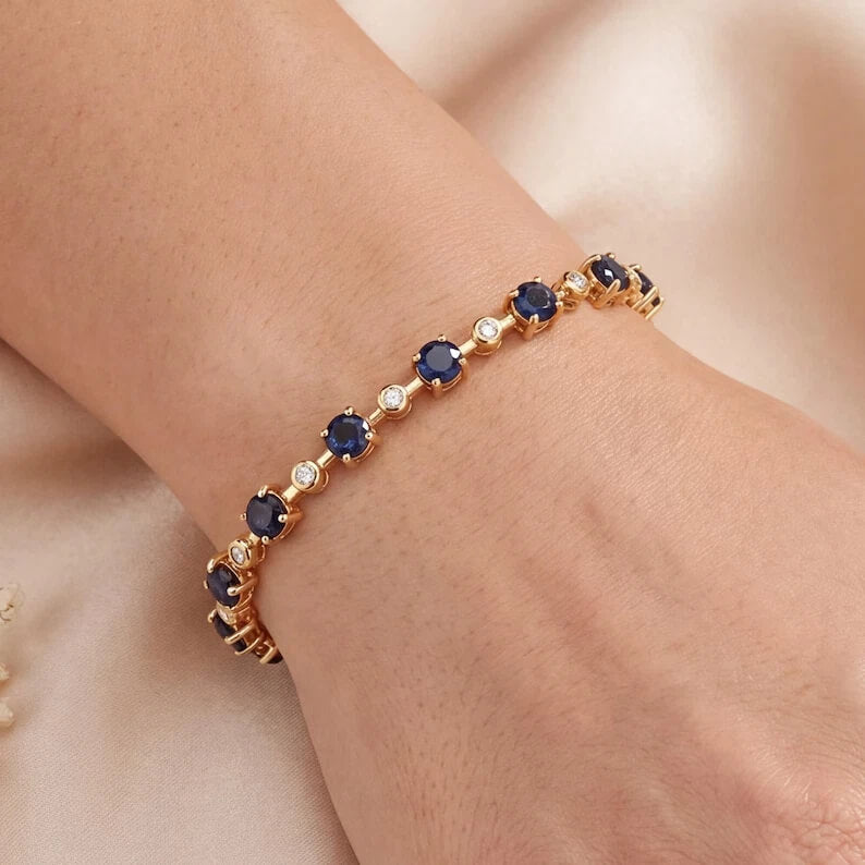 Classic Yellow Gold Round Cut Blue & White Sapphire Link Tennis Bracelet For Women