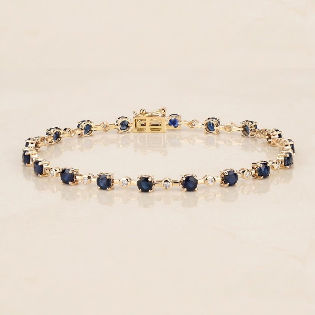 Classic Yellow Gold Round Cut Blue & White Sapphire Link Tennis Bracelet For Women