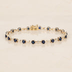 Classic Yellow Gold Round Cut Blue & White Sapphire Link Tennis Bracelet For Women