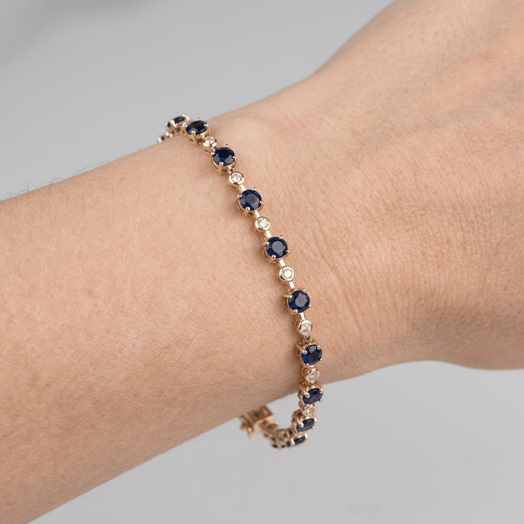 Classic Yellow Gold Round Cut Blue & White Sapphire Link Tennis Bracelet For Women