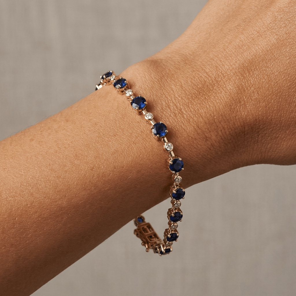 Classic Yellow Gold Round Cut Blue & White Sapphire Link Tennis Bracelet For Women